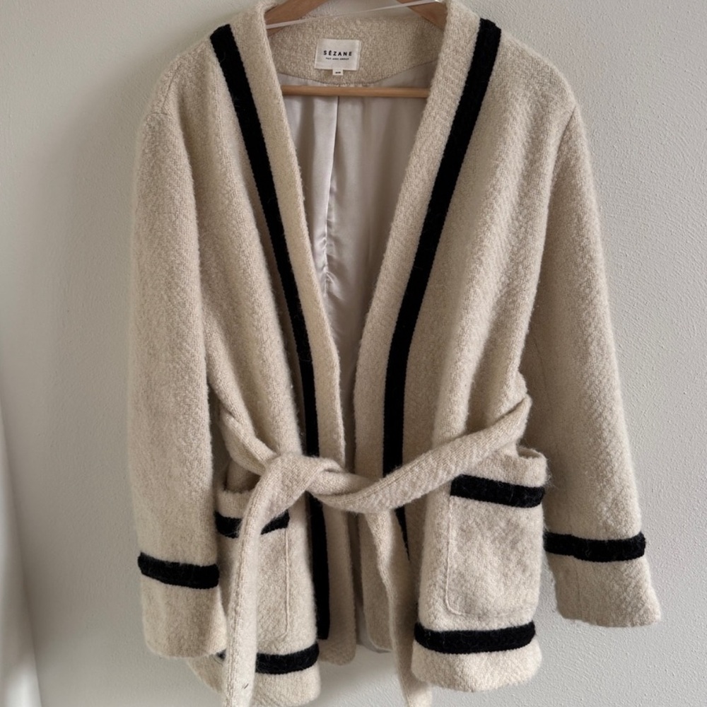 SEZANE Mike Coat black cream cardigan sweater in Ecru size 38
